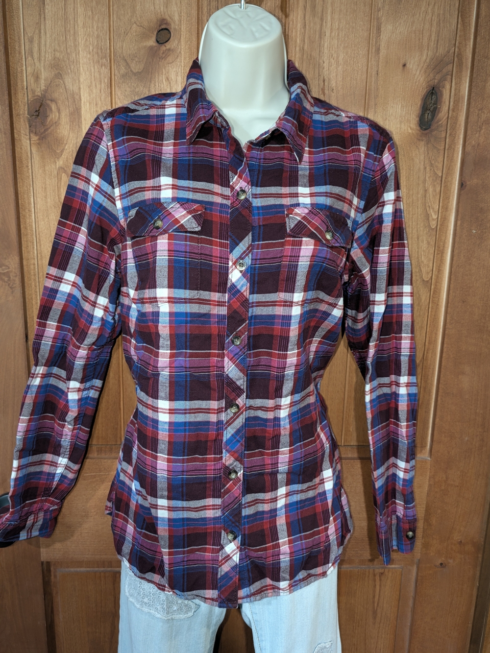 Eddie Bauer Red, Blue & White Plaid Button-Down Shirt